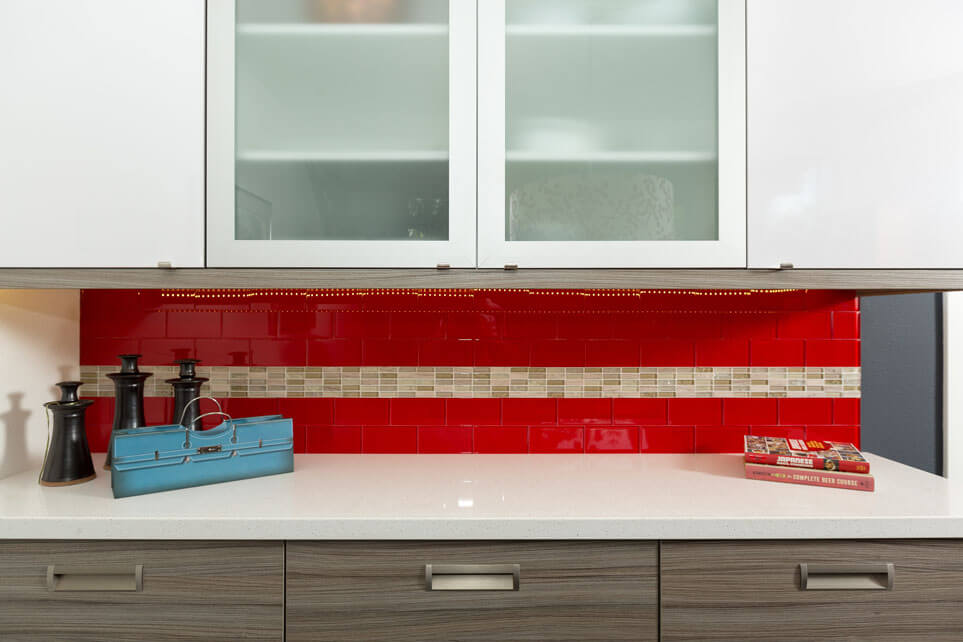 Glass Backsplash, Red Backsplash, Modern Kitchen