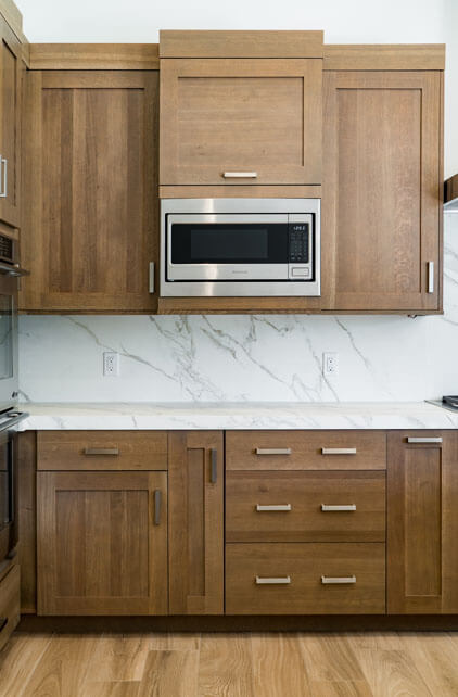 Carrera Marble Backsplash, Carrera Marble Countertop, Carrera Marble and Wood Cabinets 