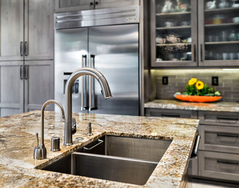 Kitchen Sink Fixtures, Kitchen Island Prep Area, Gray Kitchen 