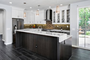 Large Kitchen Remodel with Green glass Back Splash, Kitchen Remodel in Orange County, Dark Floor Kitchen Remodel Orange County,