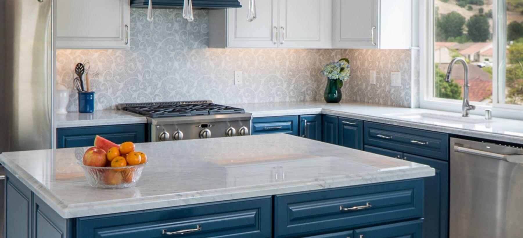 Beautiful Marble Kitchen Counter and Stove With Cobalt Blue Decor