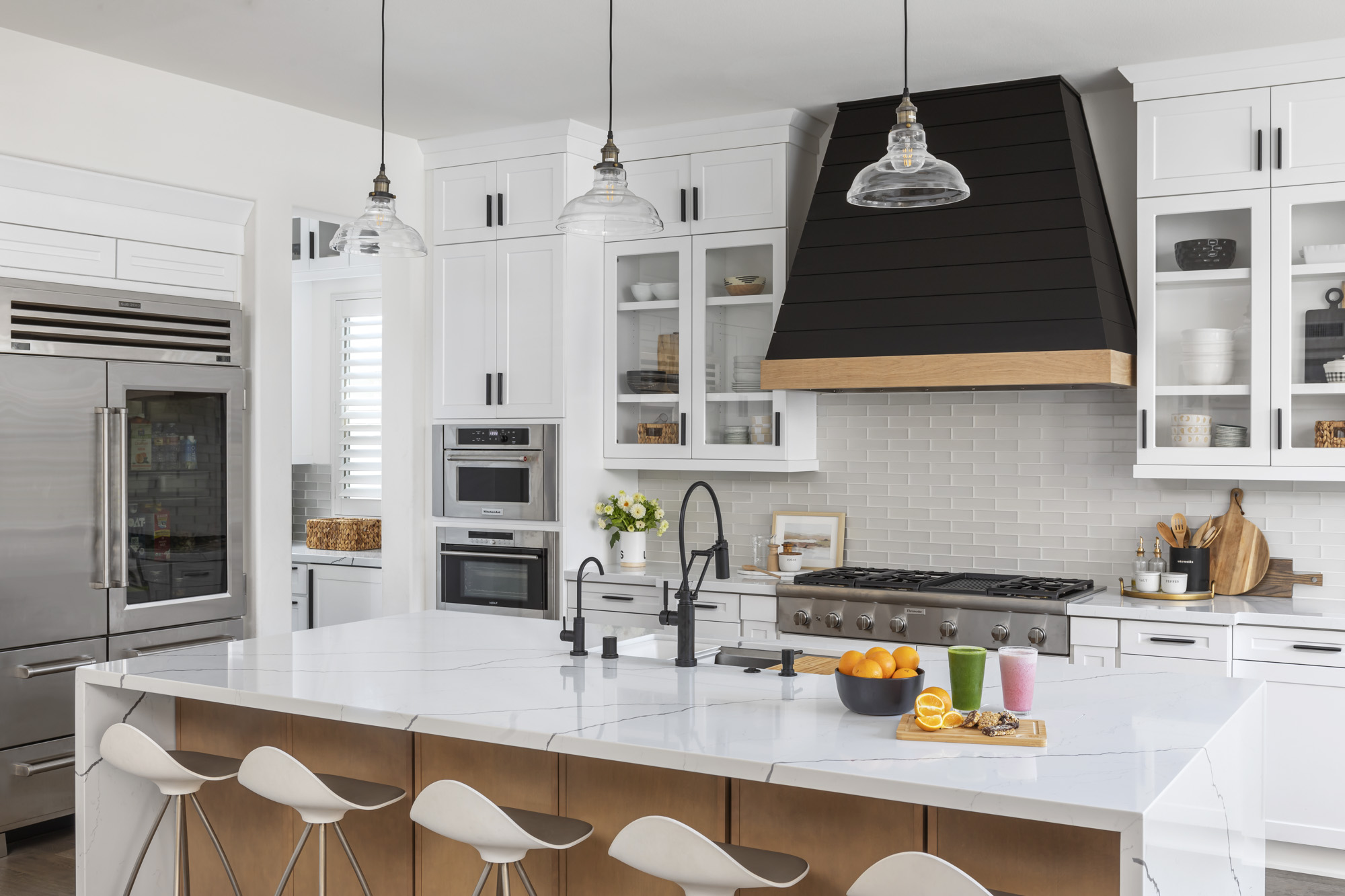 San Clemente Kitchen with Custom Hood and Waterfall Island