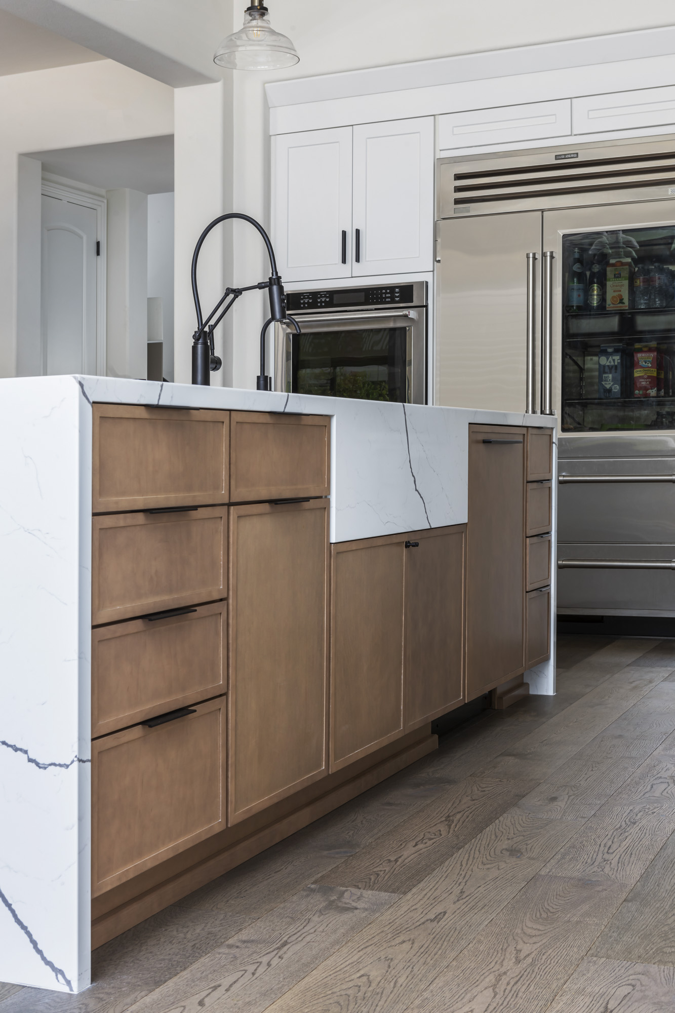 San Clemente Kitchen with Custom Hood and Waterfall Island