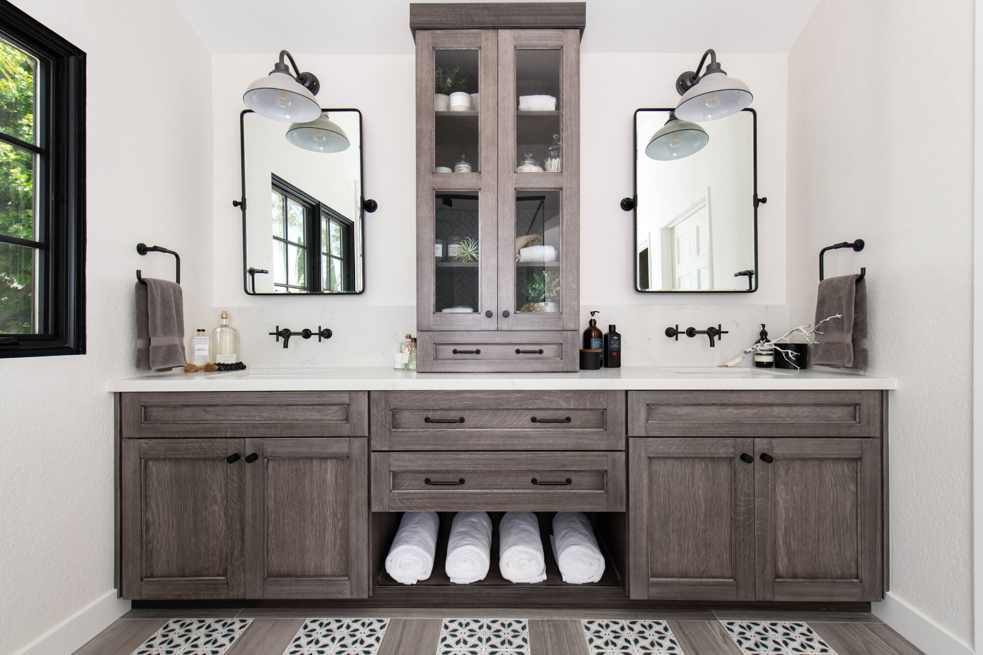 Dual Vanity Remodel With Built in Open Shelving for Storing Towels