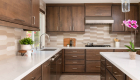 Kitchen remodel with wood cabinetry and seamless backsplash color