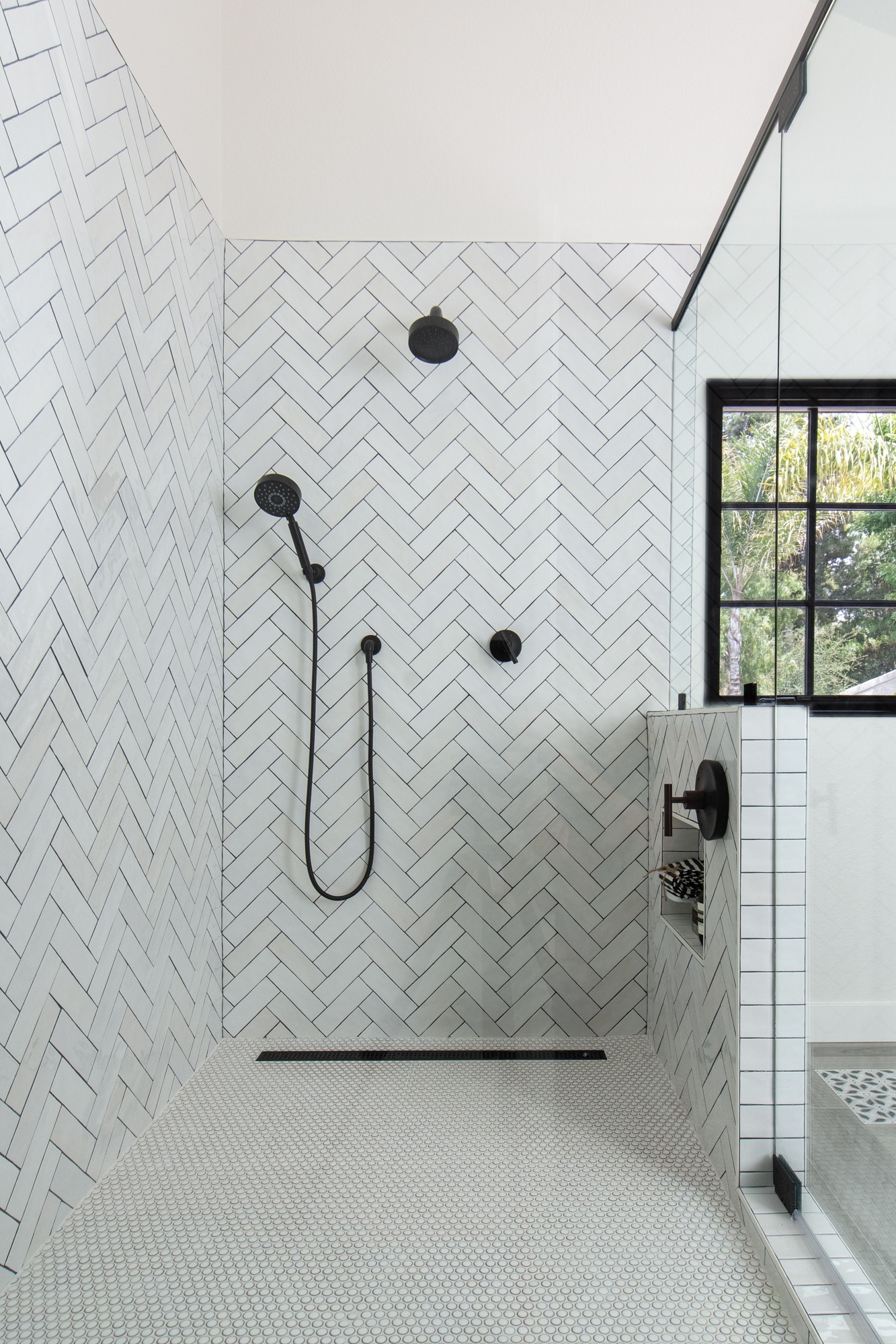Large Walk in Shower Remodel With Herringbone Tile and Linear Drain - shower remodeling guide