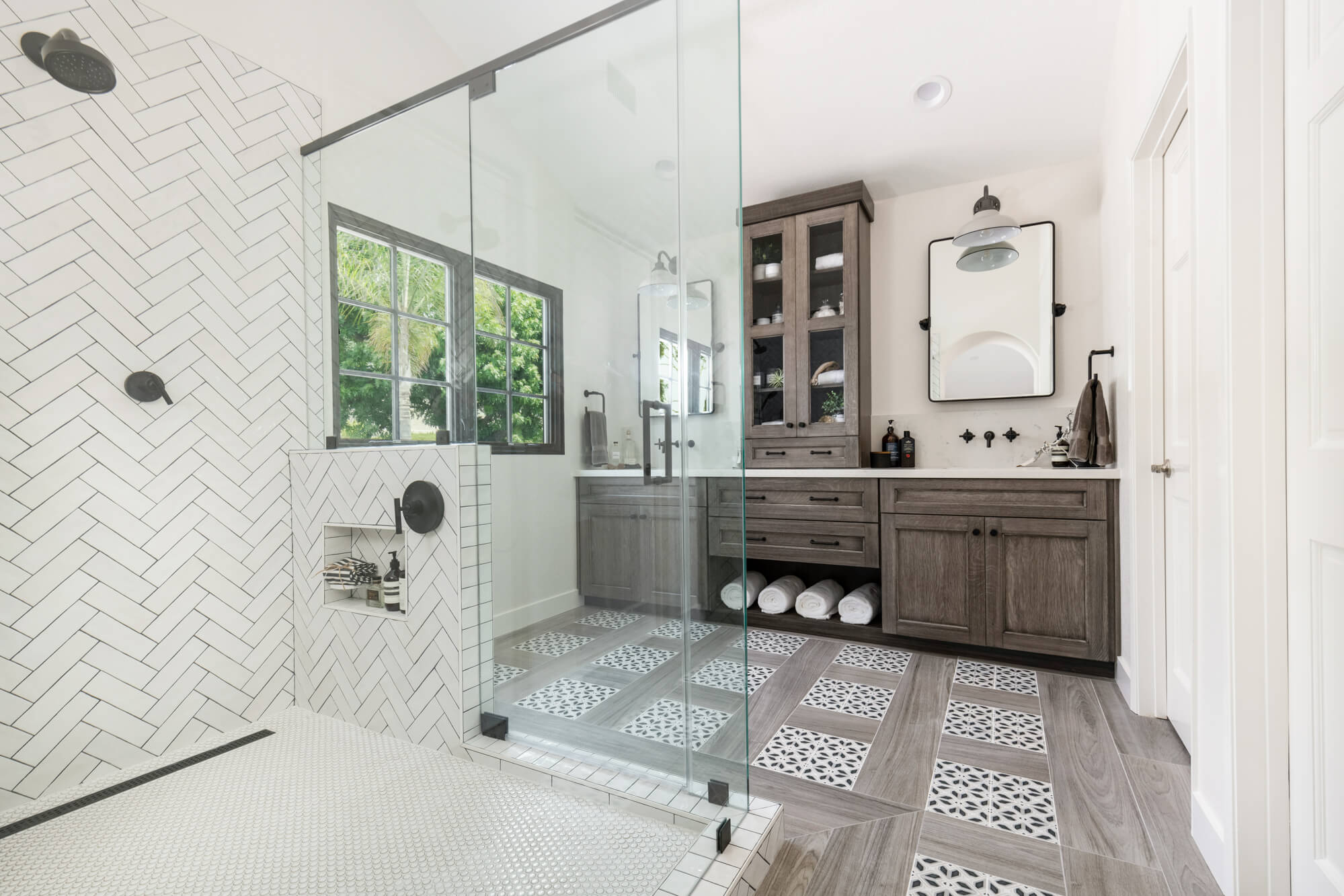 Trending Bathroom Design With Floor Tile Insets in San Juan Capistrano Remodel