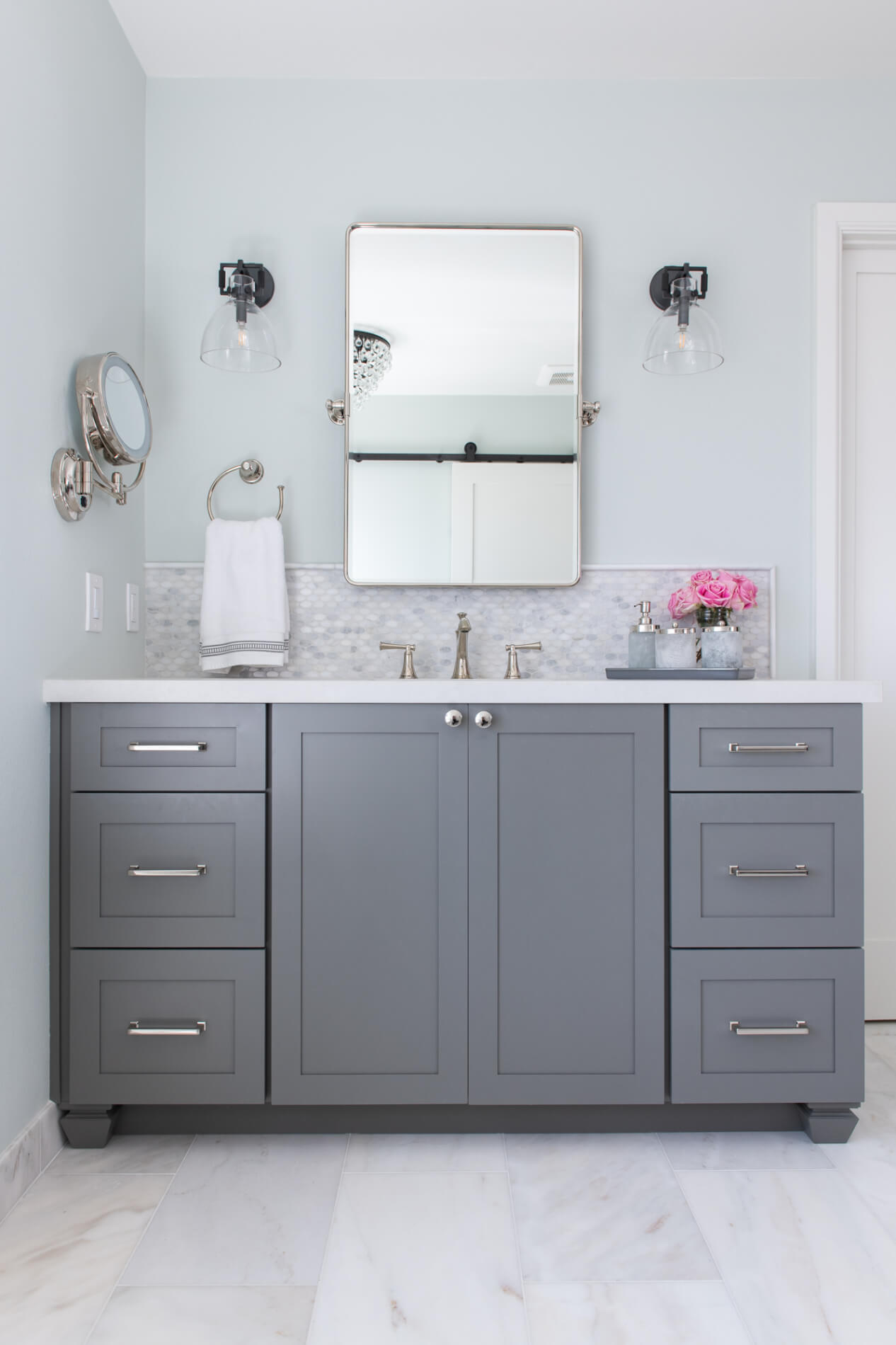 Beautiful neutral tone vanity in remodel
