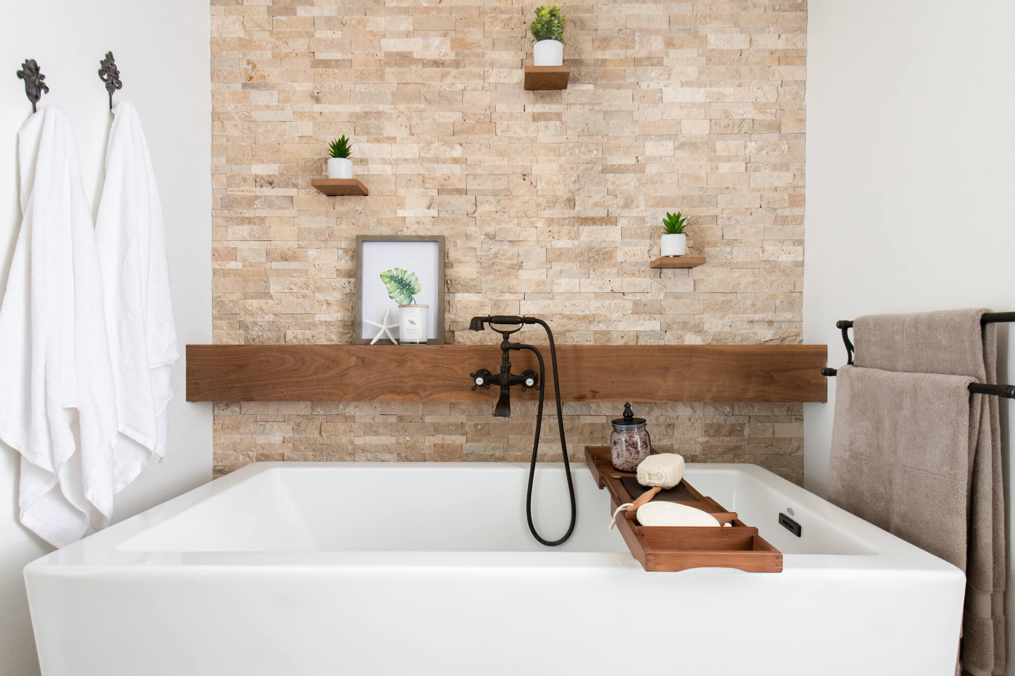 Spa Like Bathtub Remodel with Stone Accent Wall