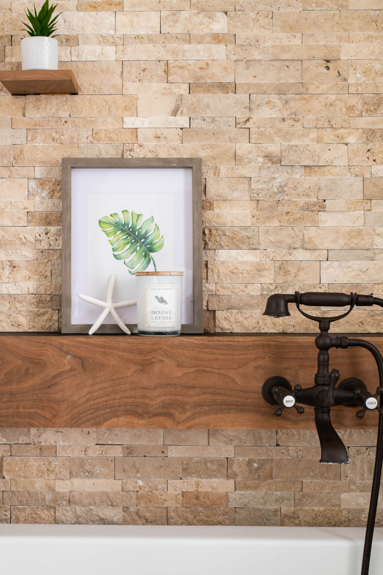 Wood shelf above tub in bathroom remodel