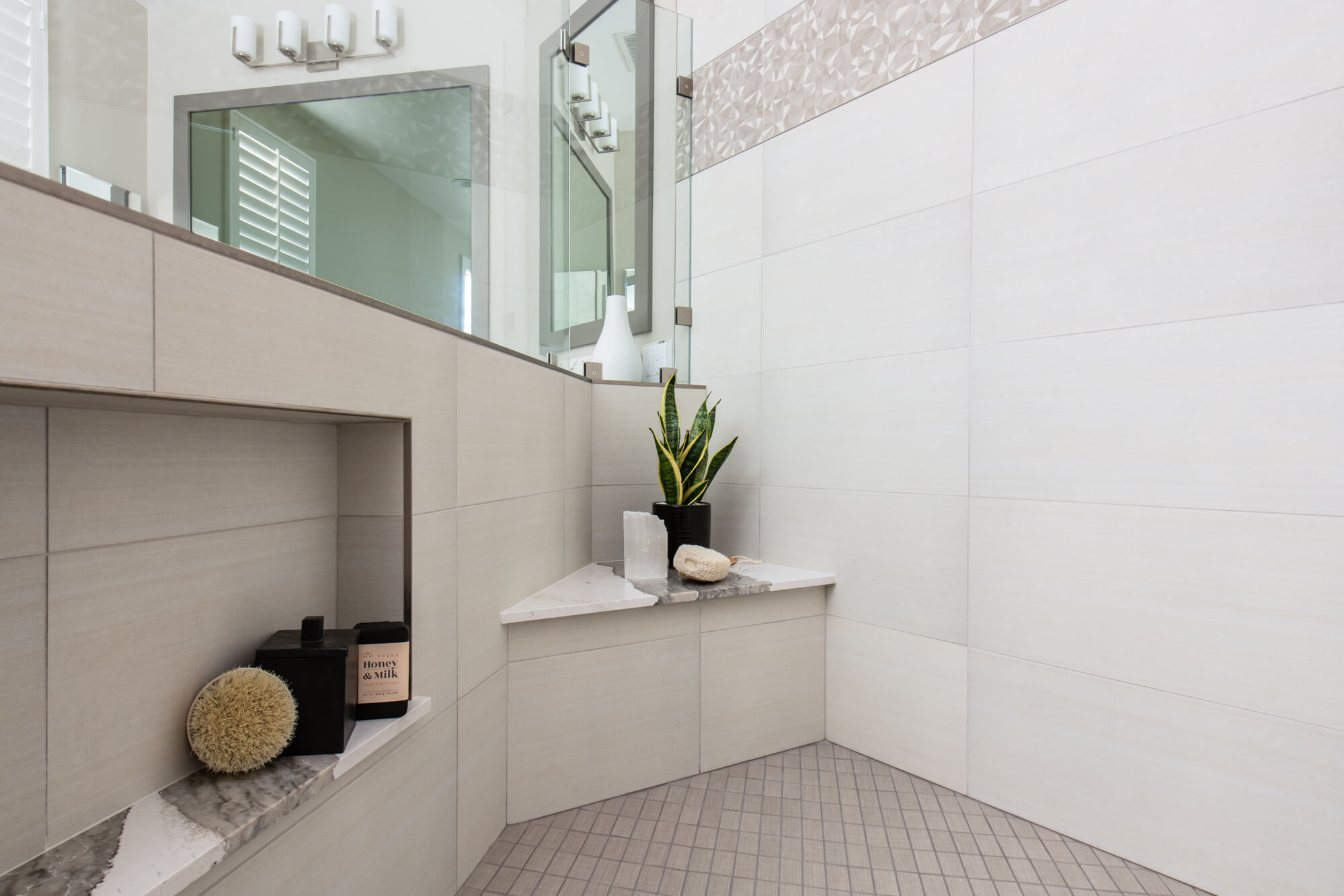 Walk in shower with shampoo niche and bench - function-packed home improvements