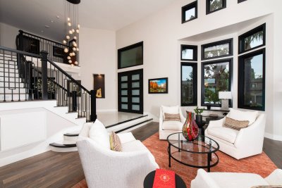 Open living room and stairway in Anaheim Hills whole home remodel