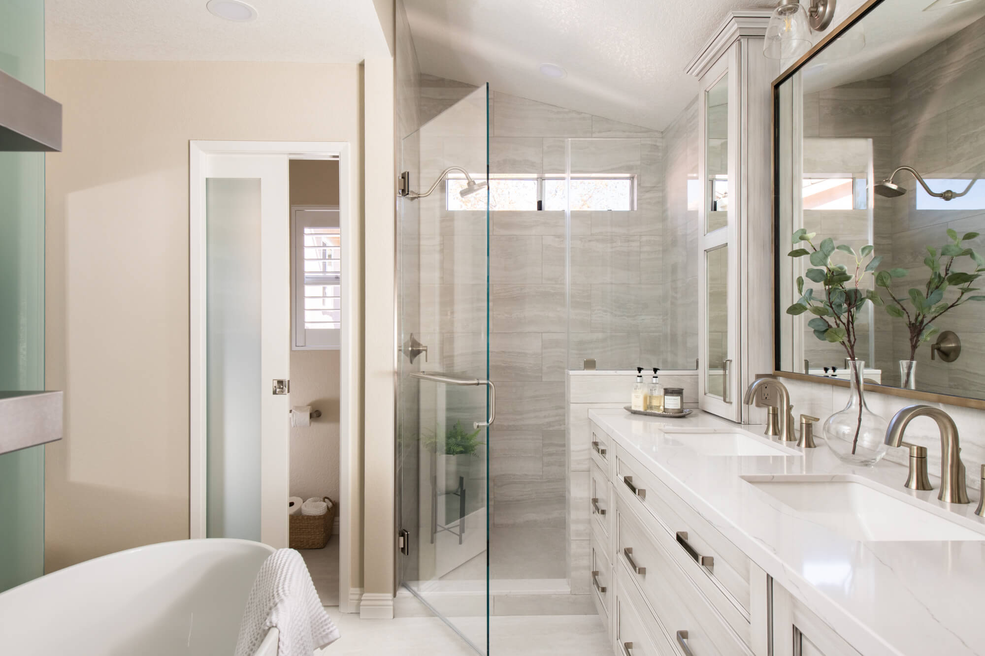 Walk-in shower and dual vanity in Foothill Ranch bathroom remodel
