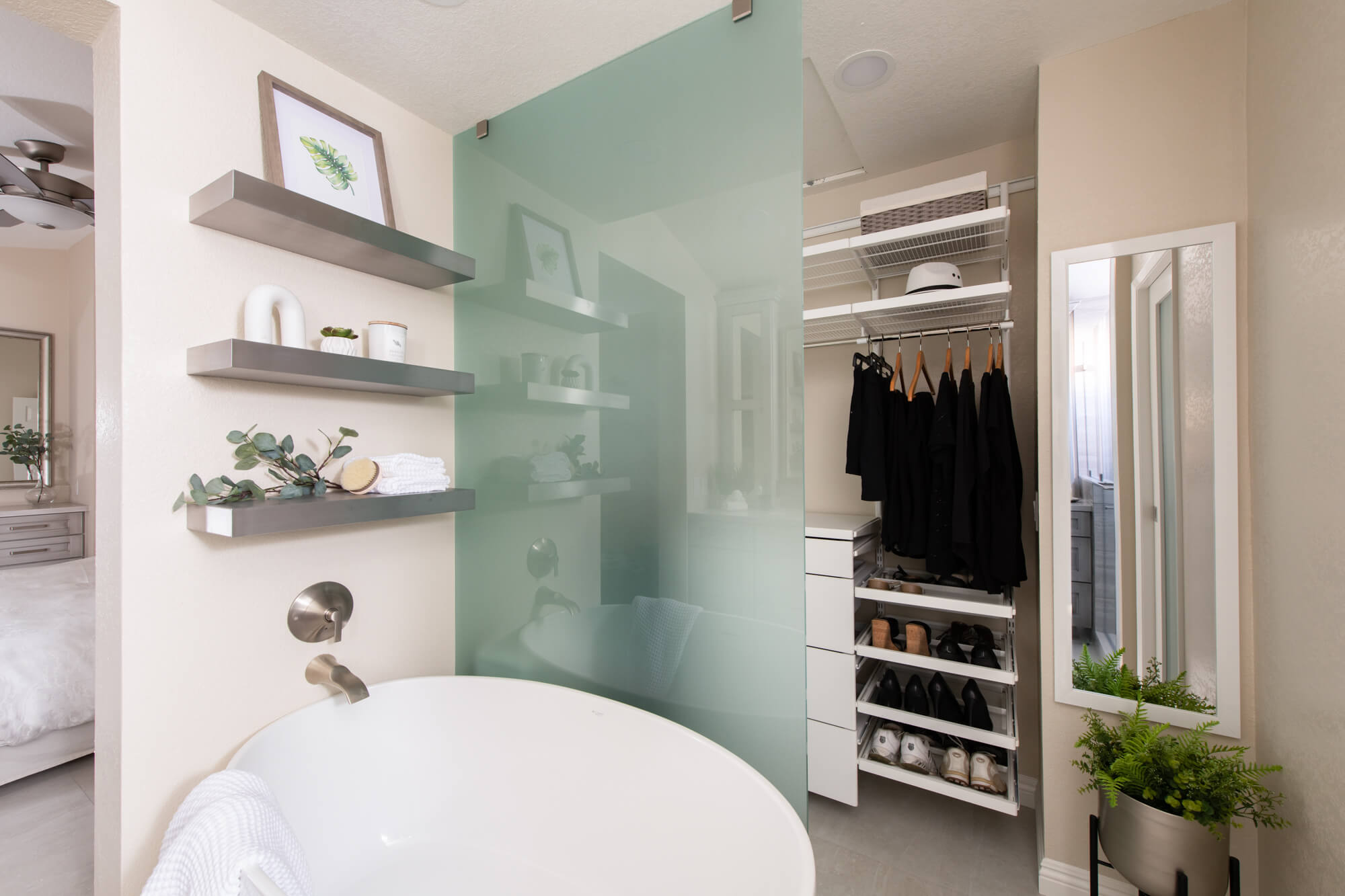 Walk-in closet glass divider in Foothill Ranch bathroom remodel - custom remodeling ideas