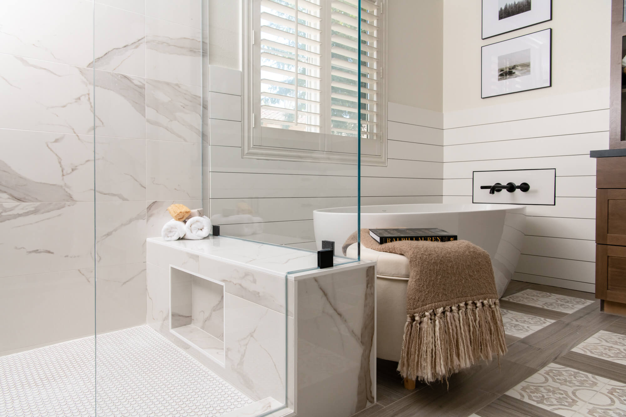 Shiplap lined walls by freestanding tub - trading a bathtub for a shower