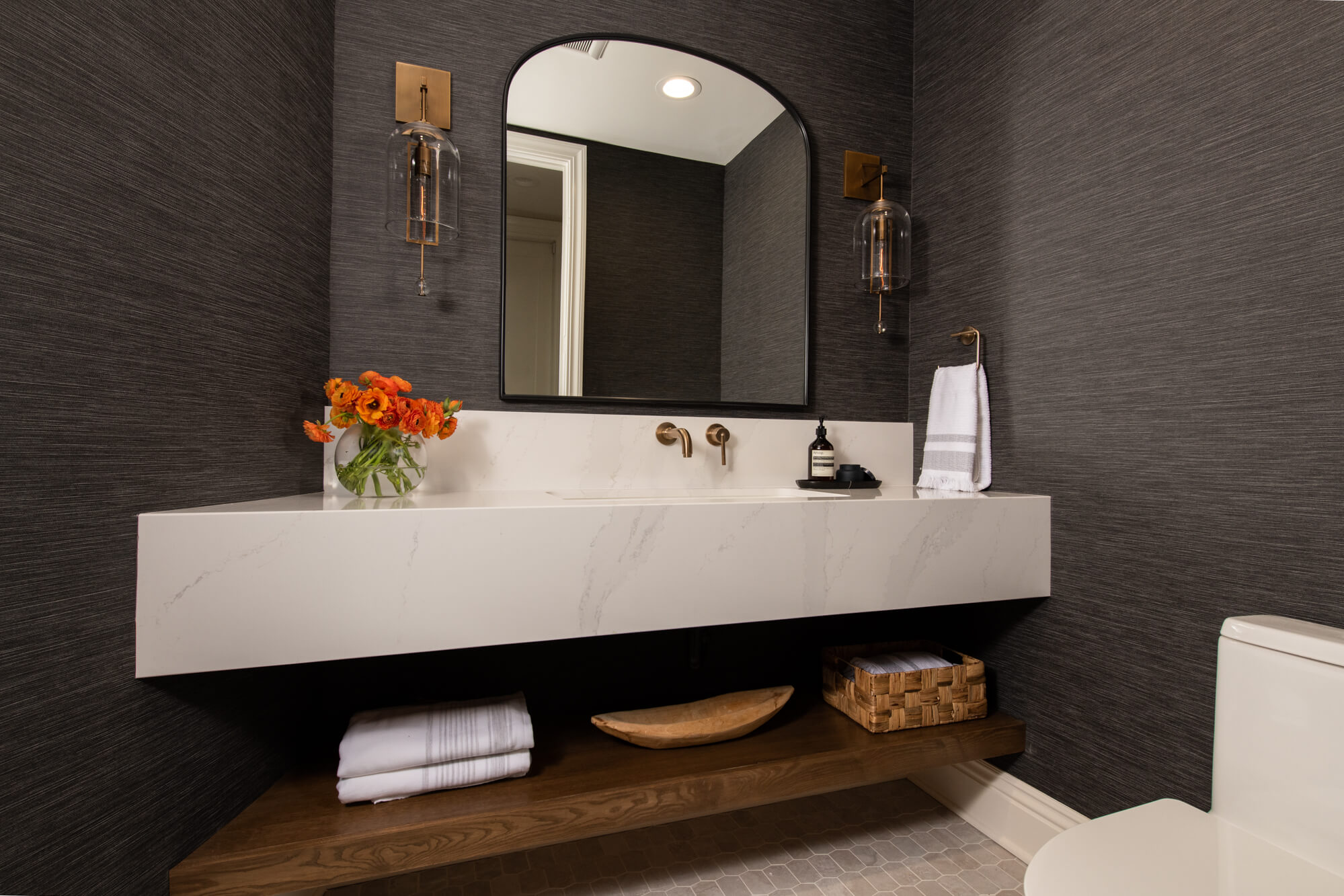 Irvine powder bathroom with floating wood shelf - bathroom remodeling ideas