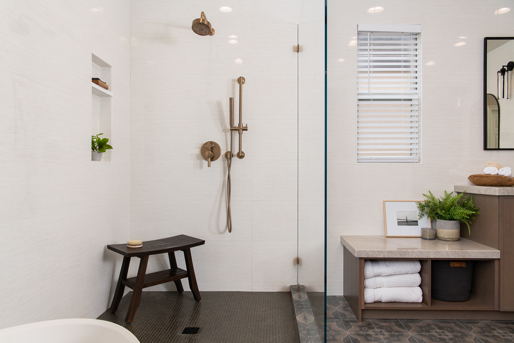 Open-Concept-Shower-Corner-Bench-Irvine-Renovation - Remodeling a Small Bathroom