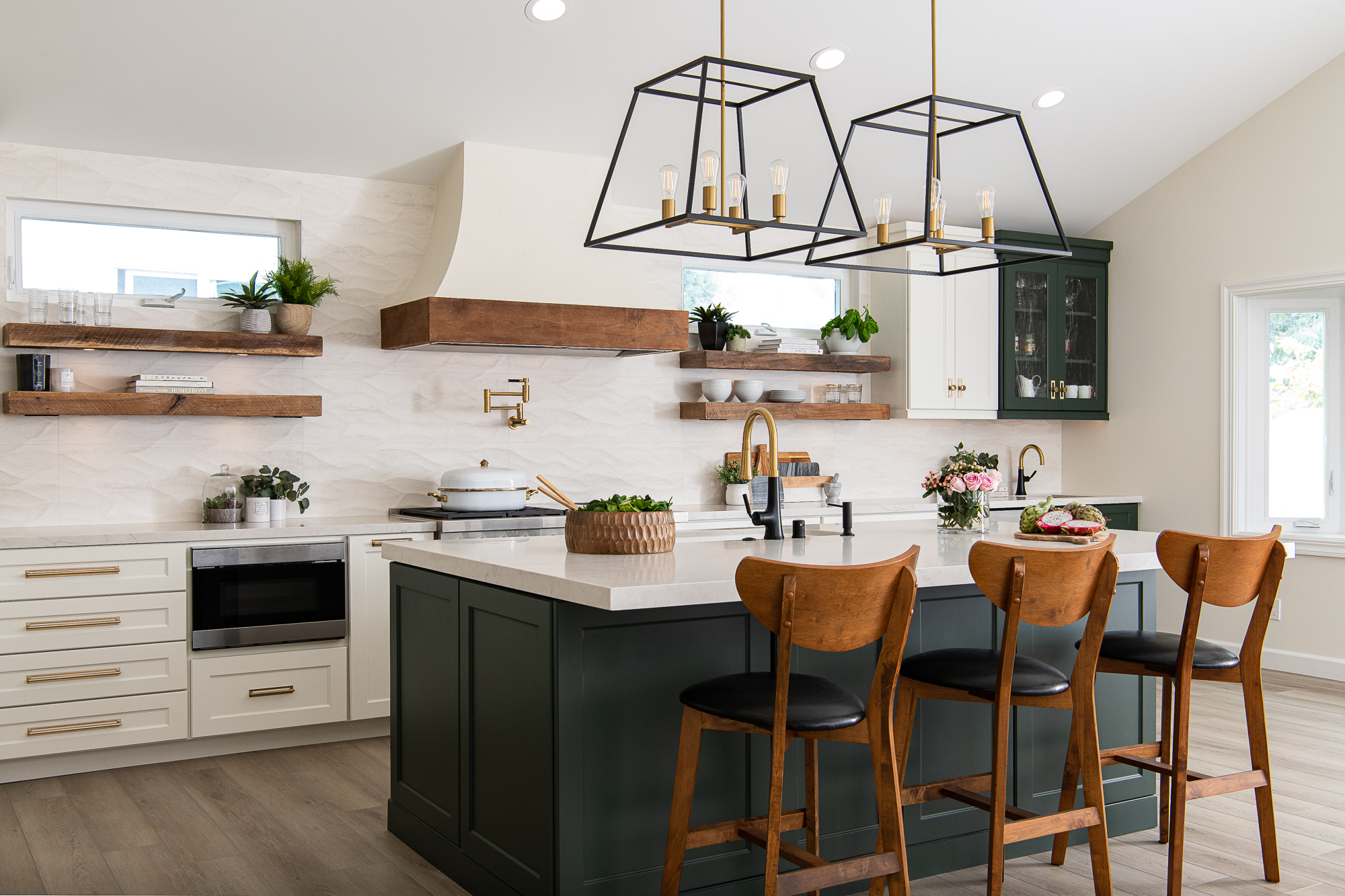 built-in-microwave-pendant-lights-floating-shelves