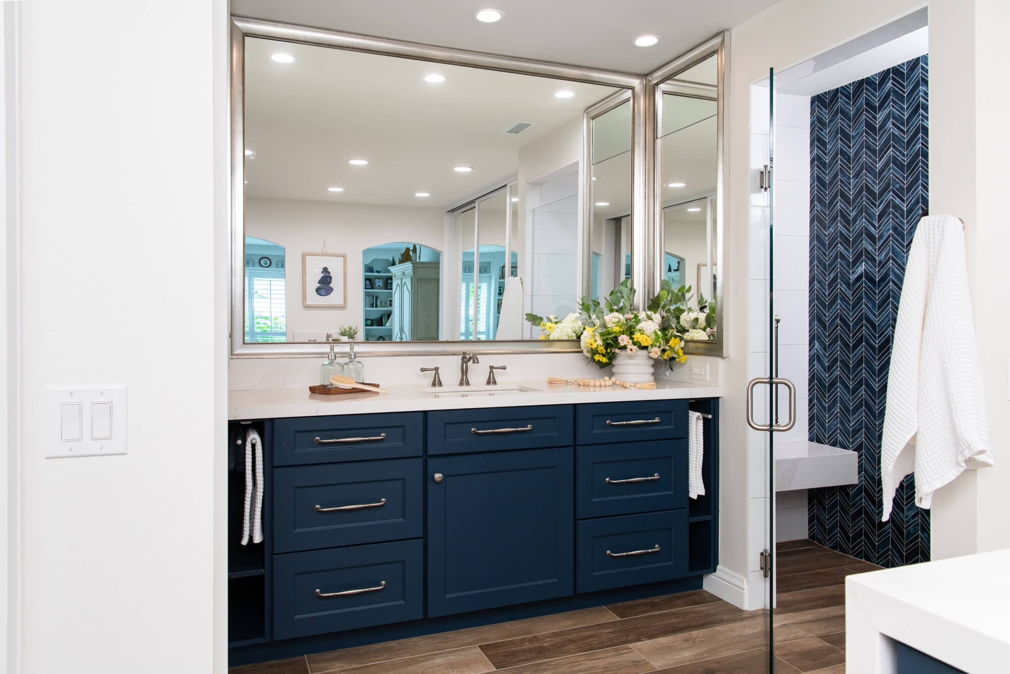 custom-glass-shower-door-with-through-the-door-satin-nickel-handle - easy clean bathroom remodel