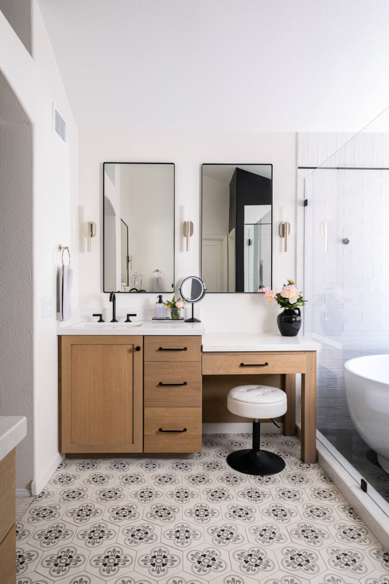 Brizo-Jason-Wu-widespread-faucets-in-matte-black-minimal-essentials-black-mirrors