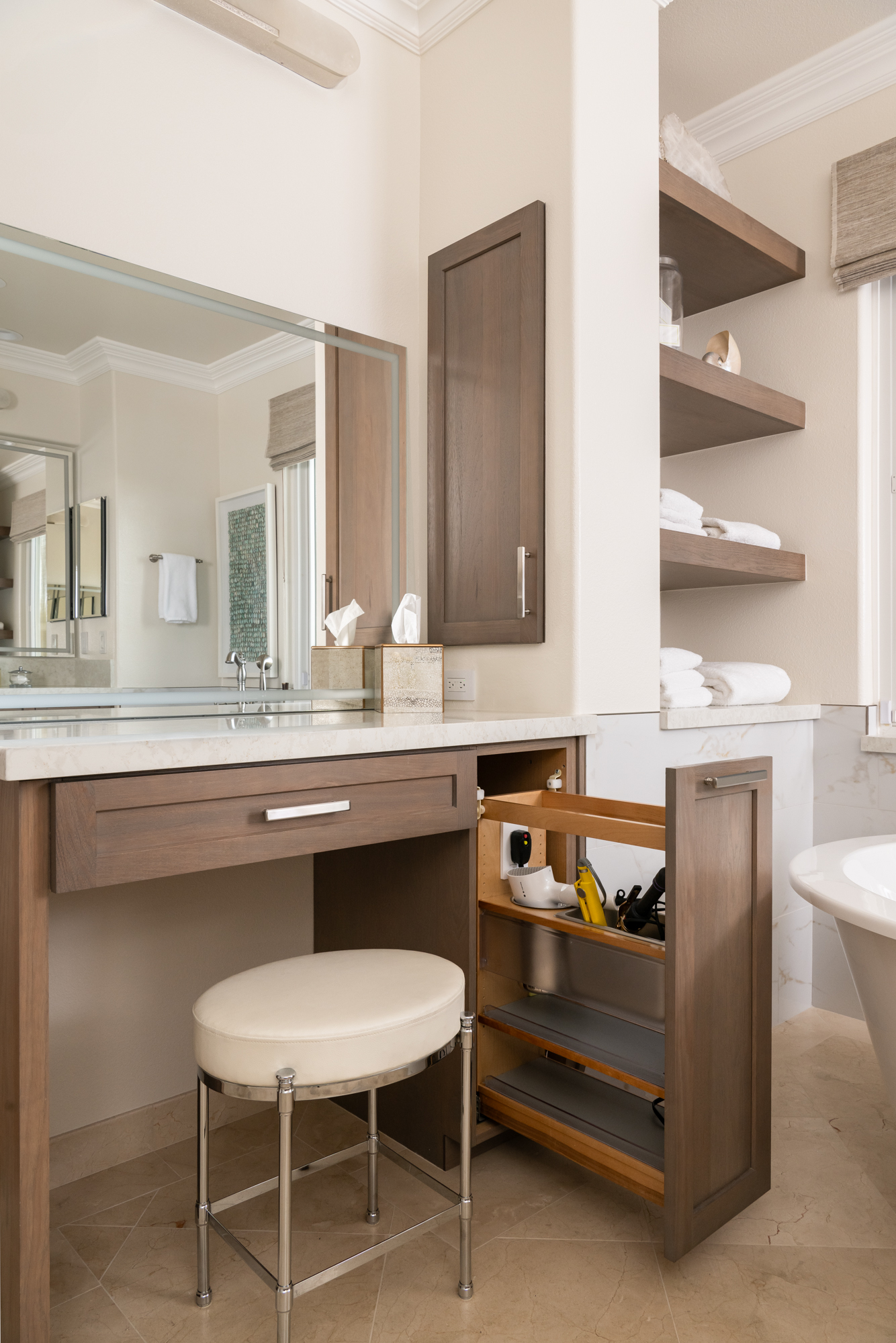 make-up-vanity-with-electrical-outlets-in-drawer-and-open-shelf-storage