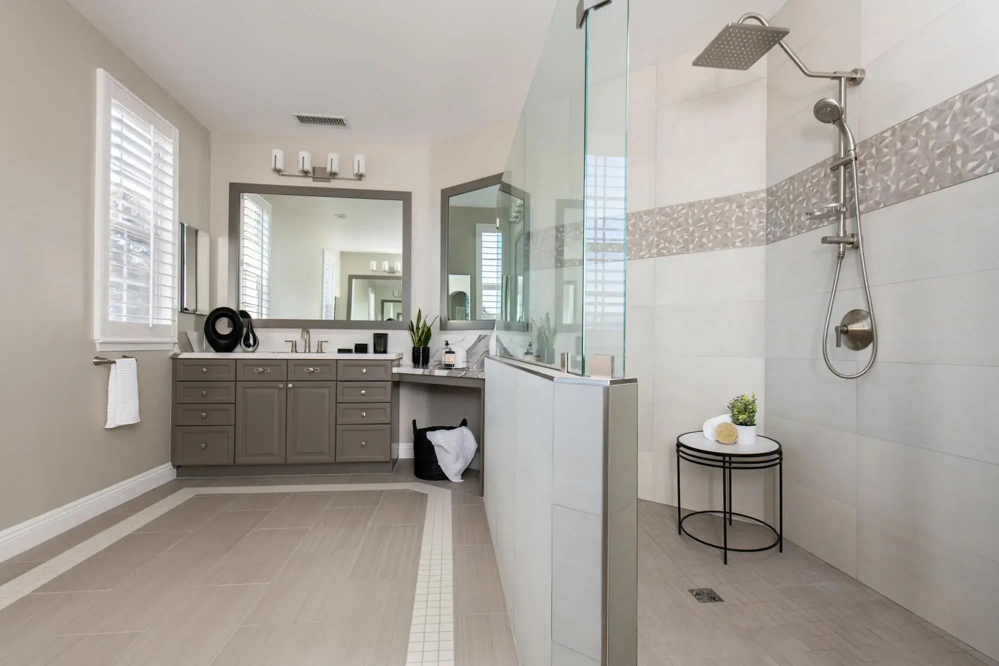 Geometric tile design in walk in shower