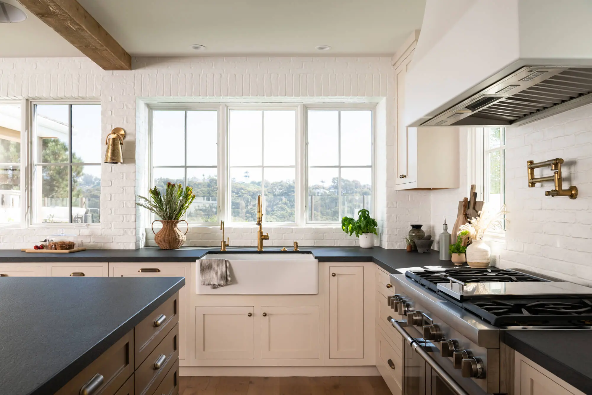 Orange County Professional Countertop Installation San Clemente Kitchen with Custom Hood and Waterfall Island