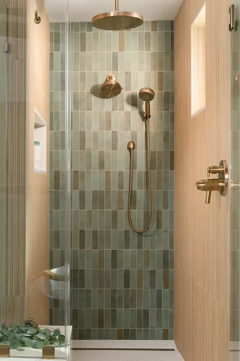 back-shower-wall-in-varying-shades-of-ceramic-Sage-with-matte-finish-tiles-flooring-decorated-in-penny-round-mosaic-matte-white-porcelain-tiles-with-linear-drain
