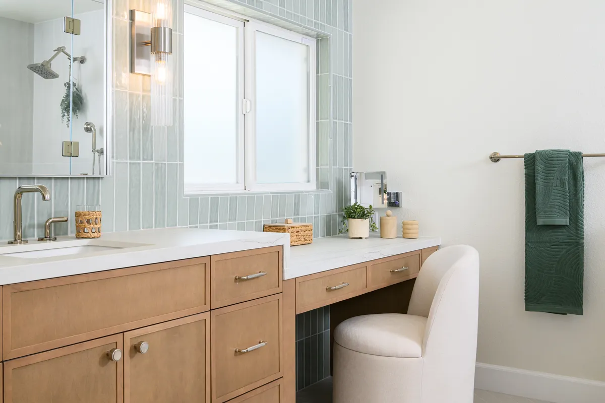 A dedicated makeup vanity provides dedicated space and storage for beauty products