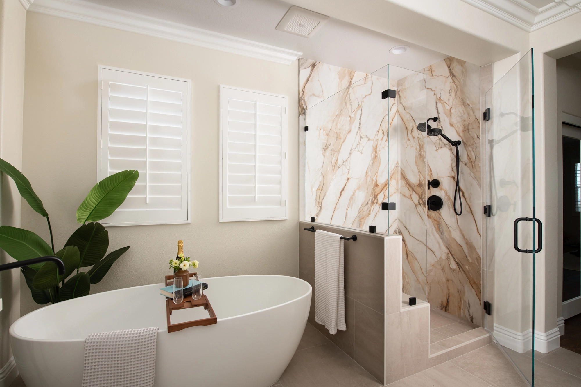 Natural stone with beautiful veining makes a stunning shower wall accent